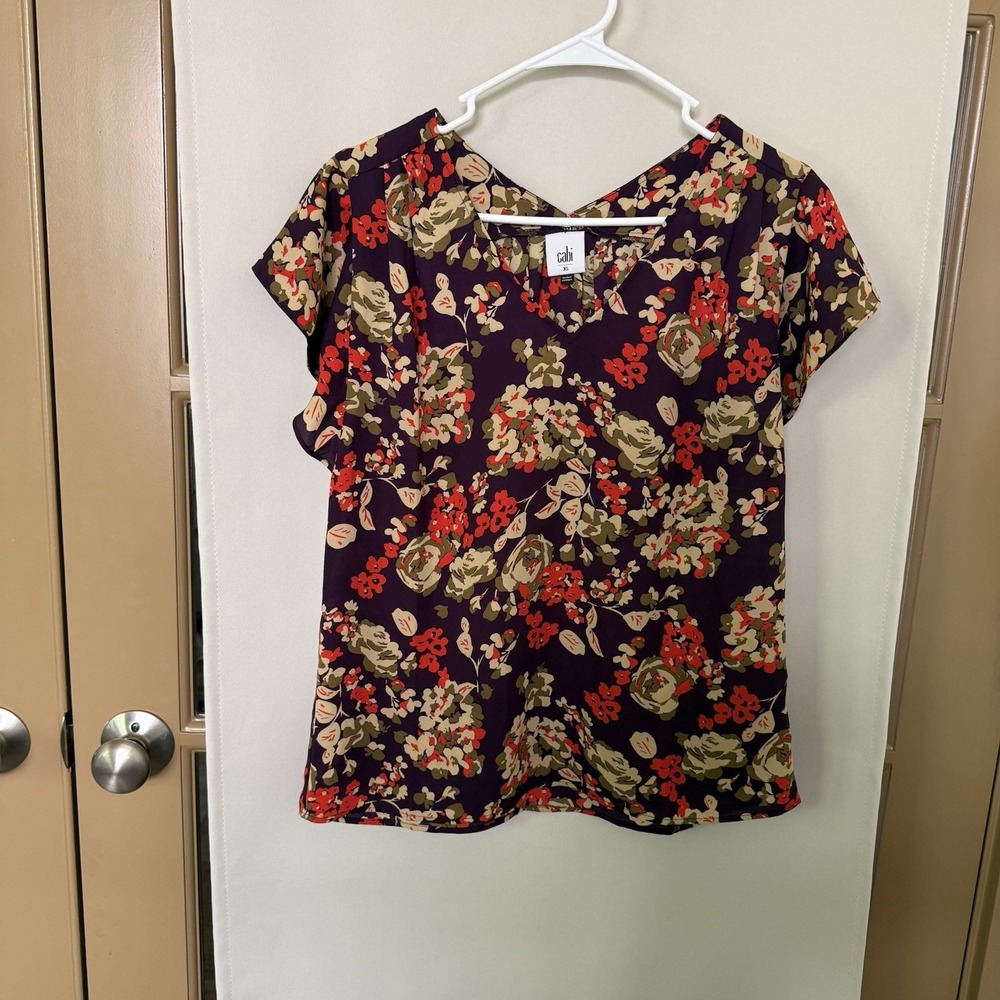 Cabi Womens XS Floral V-Neck Colorful Short‎ Sleeve Blouse Top Style 4169